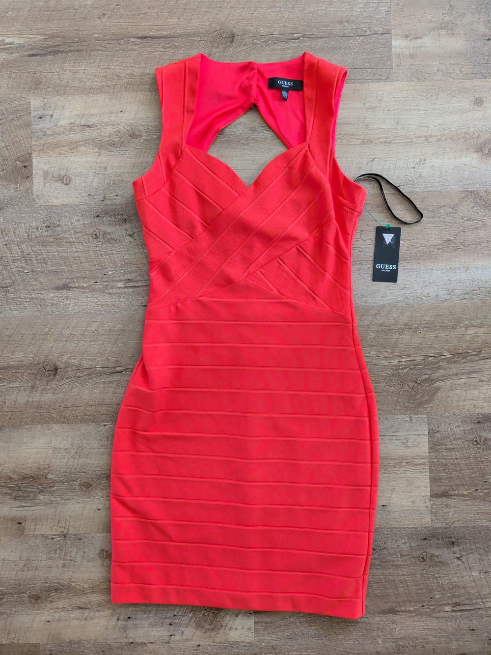 GUESS Coral-Red Sleeveless Bandage Midi Dress